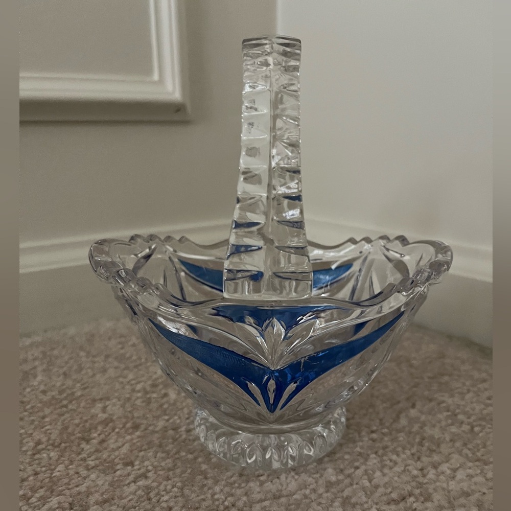 Vintage Anna Hutte Bieikristall crystal bride’s basket with cobalt blue accents.